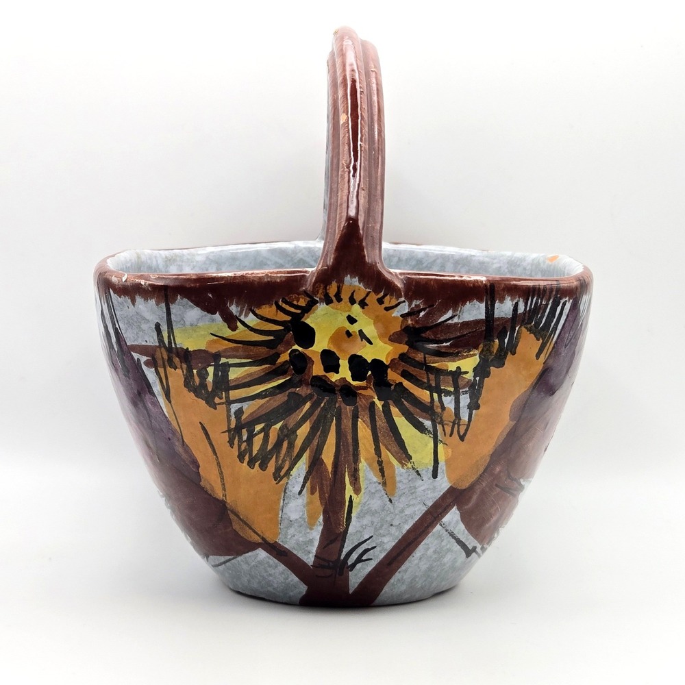 Vintage Italian Ceramic Basket Hand Painted Sunflower Pottery Made in Italy